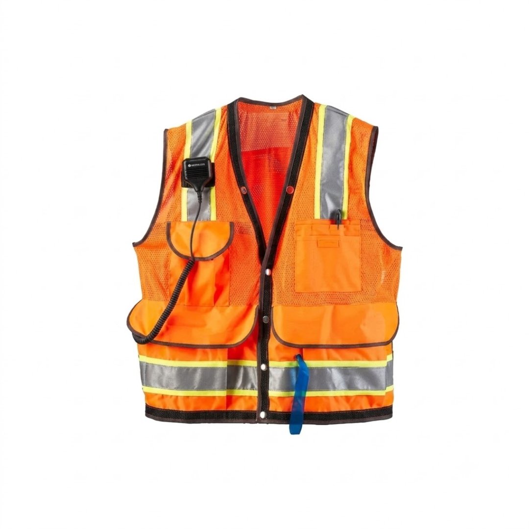 Chaleco Malla Jim Clase 2 con 8 bolsillos y alta visibilidad. Ideal para topografía, construcción, minería, ingeniería y trabajos de campo.