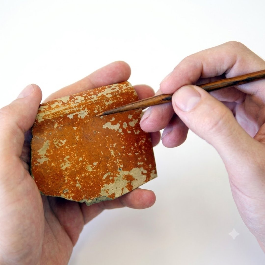 Herramienta excavación arqueológica fabricada en madera dura para limpiar y recuperar hallazgos con precisión. Ideal para trabajo de campo profesional.