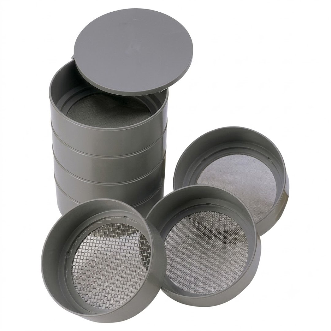 Juego tamices laboratorio con mallas No. 5, 10, 60 y 230 de 6.5". Ideal para análisis granulométrico, geología, minería, suelos y control de calidad.