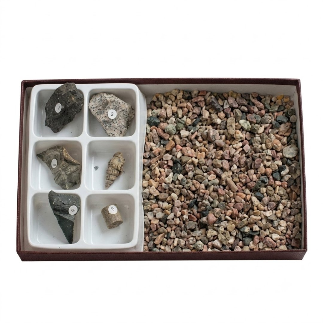 Kit caza fósiles con herramientas para extracción, limpieza e identificación de fósiles. Ideal para paleontología, geología, arqueología y educación.