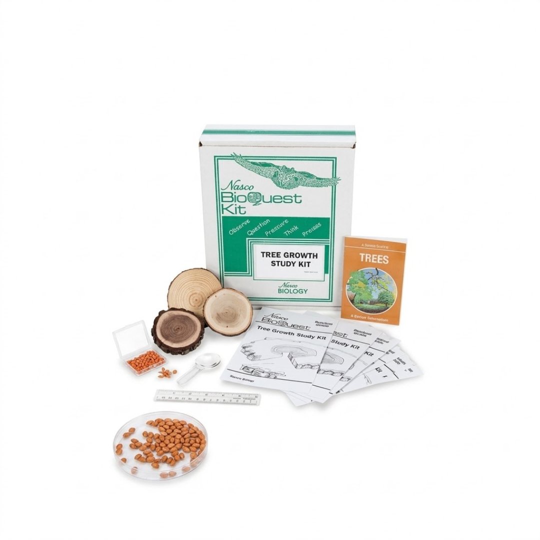 Kit educativo para estudiar el crecimiento de los árboles y las condiciones que influyen en su desarrollo mediante actividades de biología y ciencias naturales.