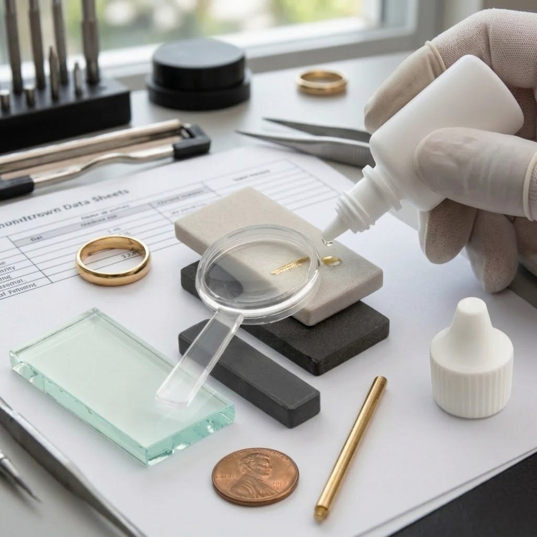 Kit prueba minerales con herramientas para identificar propiedades físicas de minerales. Ideal para geología, minería, educación e investigación.