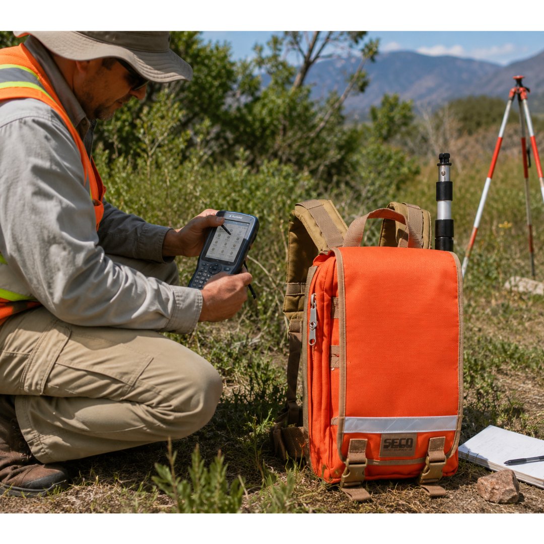 Mochila SECO GIS resistente para transportar equipos GNSS, GIS y accesorios topográficos. Ideal para trabajos de campo, ingeniería y construcción.