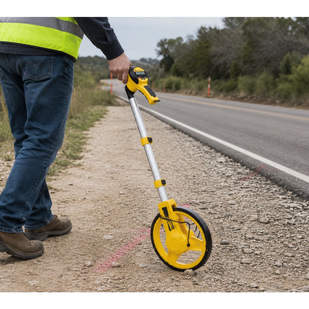 Rueda Medición Rolatape digital para medir distancias con precisión. Ideal para topografía, construcción, ingeniería, catastro y trabajos de campo.