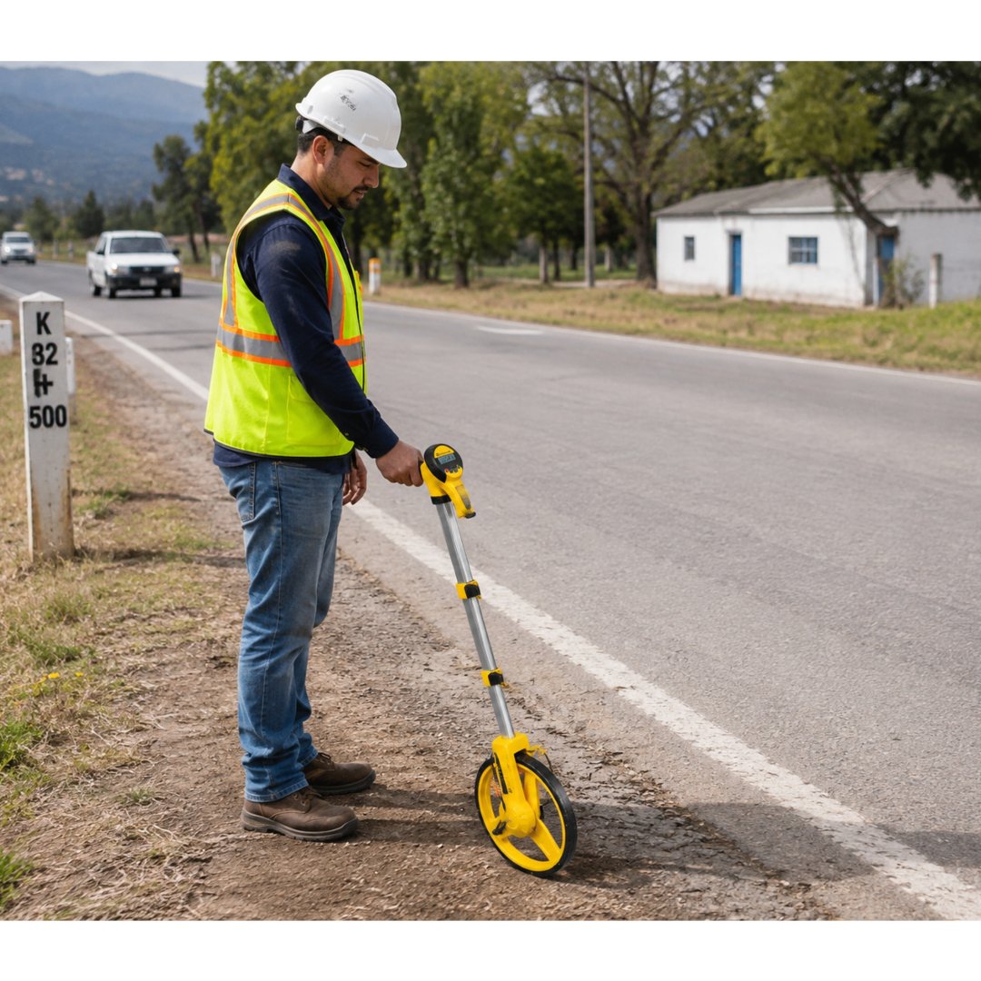 Rueda Medición Rolatape digital para medir distancias con precisión. Ideal para topografía, construcción, ingeniería, catastro y trabajos de campo.
