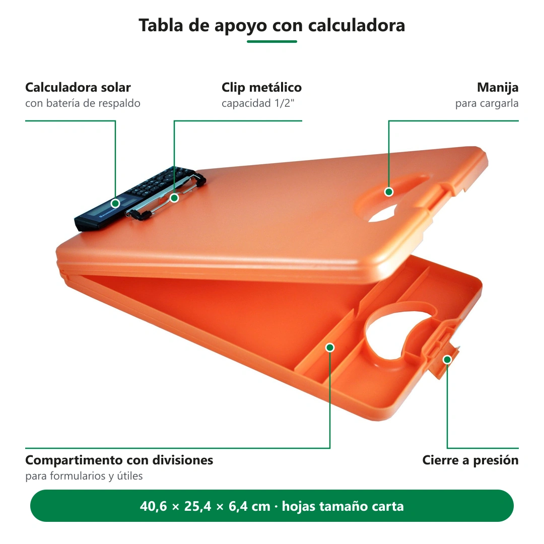 Tabla de apoyo con calculadora: partes, compartimento y medidas