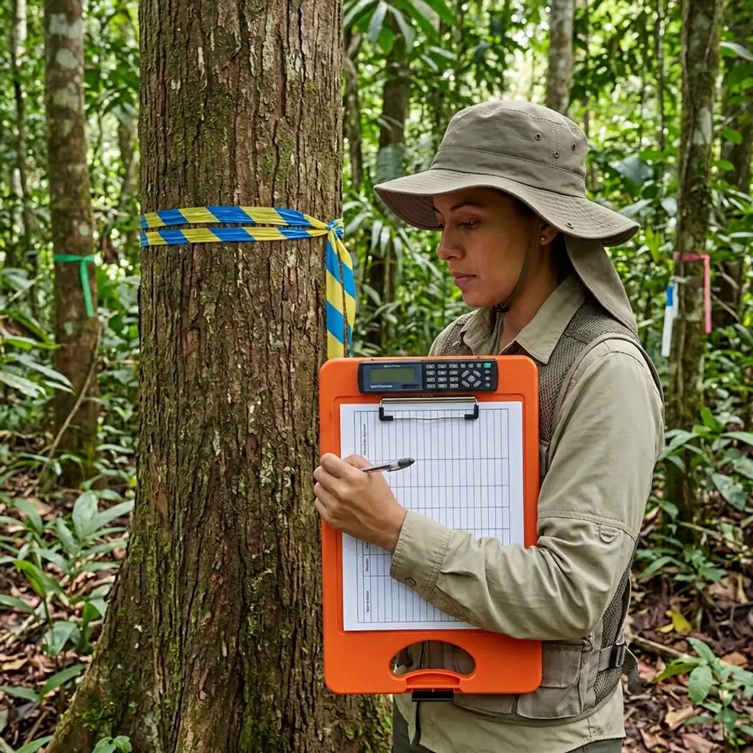 Tabla de apoyo con calculadora: ingeniera forestal registrando datos en campo