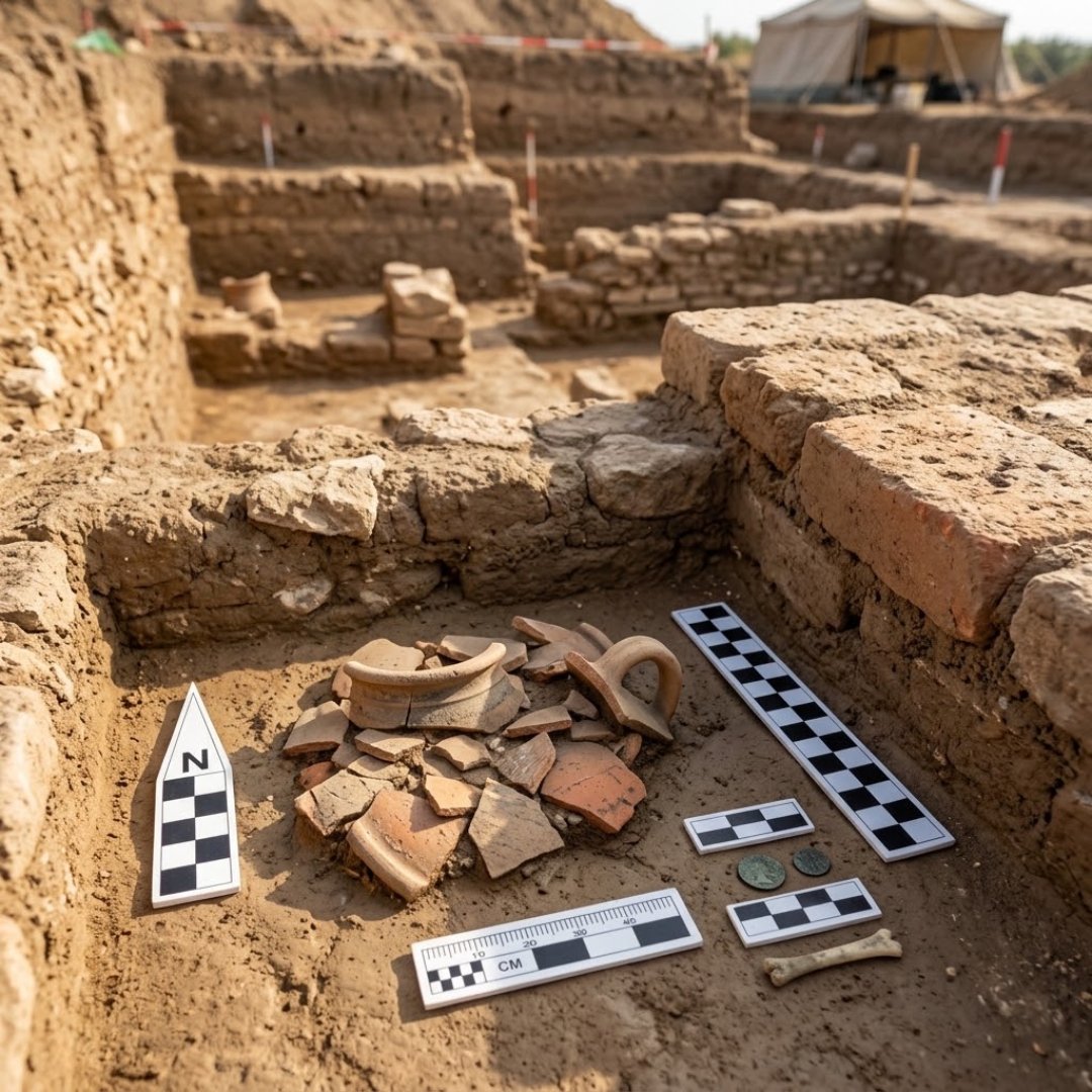 Mini flecha norte y conjunto de escala para fotografía arqueológica. Ideal para documentar excavaciones, hallazgos y registros científicos con precisión.