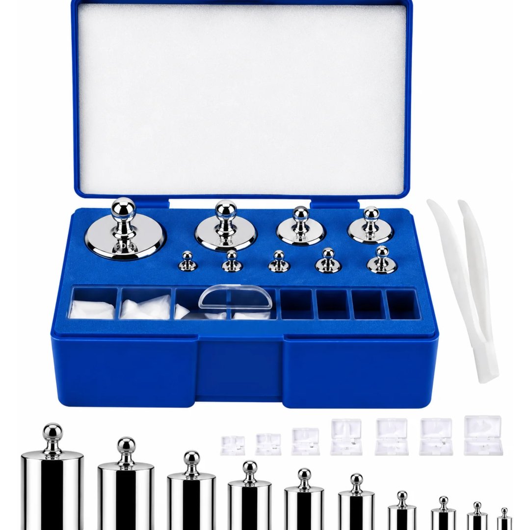 Pesas calibración balanza de 17 piezas en acero cromado de precisión. Ideales para calibrar balanzas digitales y básculas de laboratorio.