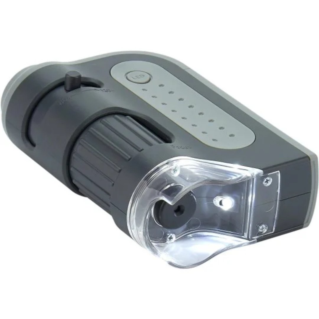 Lupa microscopio portátil con aumento de 60x y 120x, iluminación LED y diseño compacto para observar detalles de muestras y objetos pequeños.