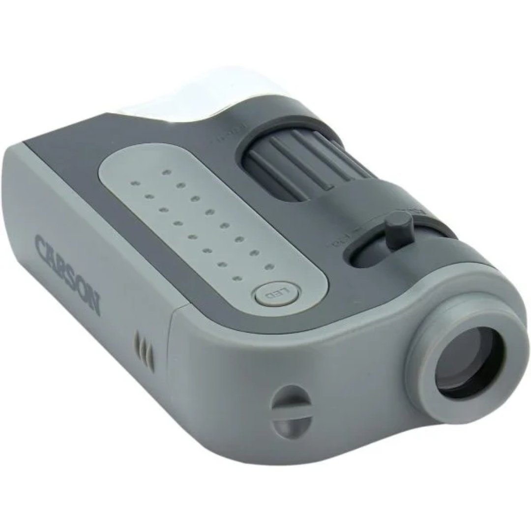 Lupa microscopio portátil con aumento de 60x y 120x, iluminación LED y diseño compacto para observar detalles de muestras y objetos pequeños.