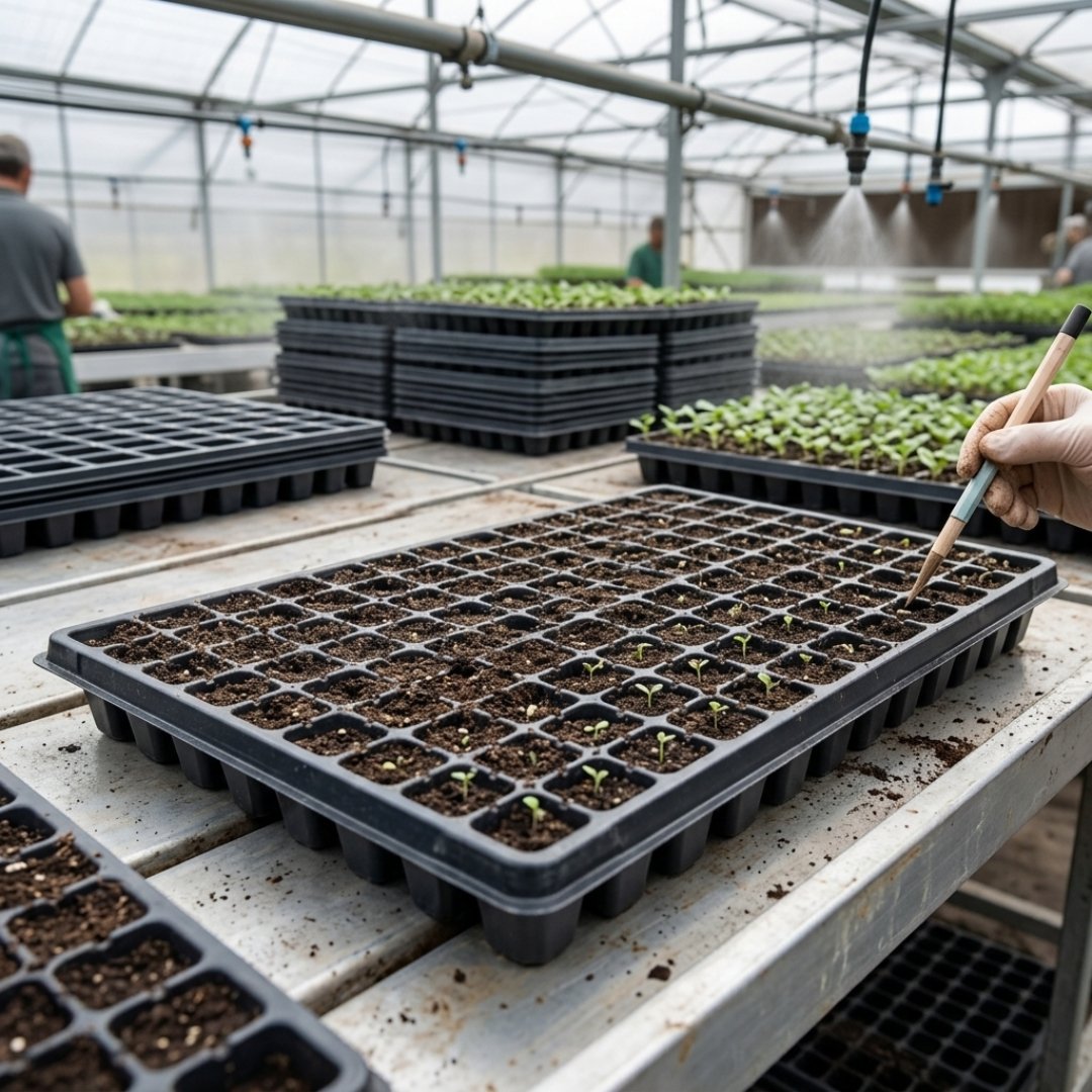 Bandeja germinadora de 162 cavidades para semillas y producción de plántulas. Ideal para semilleros, viveros, propagación vegetal, agricultura y jardinería.