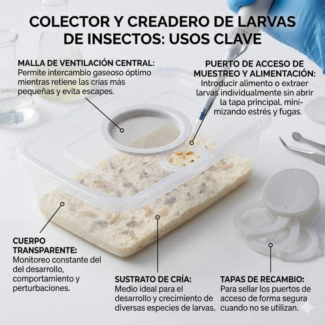 Contenedor BugDorm ventilado de 90 ml para cría y observación de insectos. Tapa con malla y apertura fácil para campo y laboratorio.