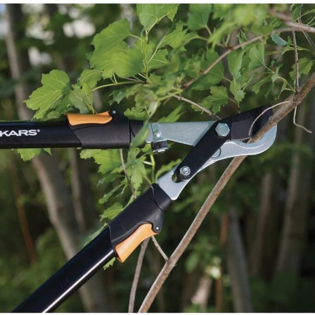 Tijerón de poda telescópico con sistema Power Lever. Mayor alcance y potencia para corte de ramas gruesas. Hojas de acero con recubrimiento PTFE y mangos extensibles.