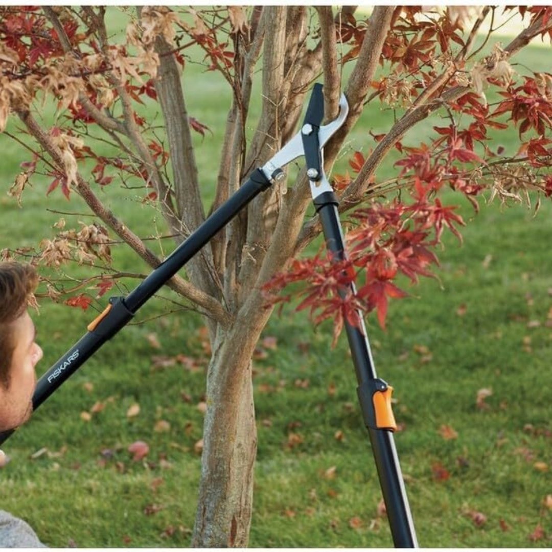 Tijerón de poda telescópico con sistema Power Lever. Mayor alcance y potencia para corte de ramas gruesas. Hojas de acero con recubrimiento PTFE y mangos extensibles.