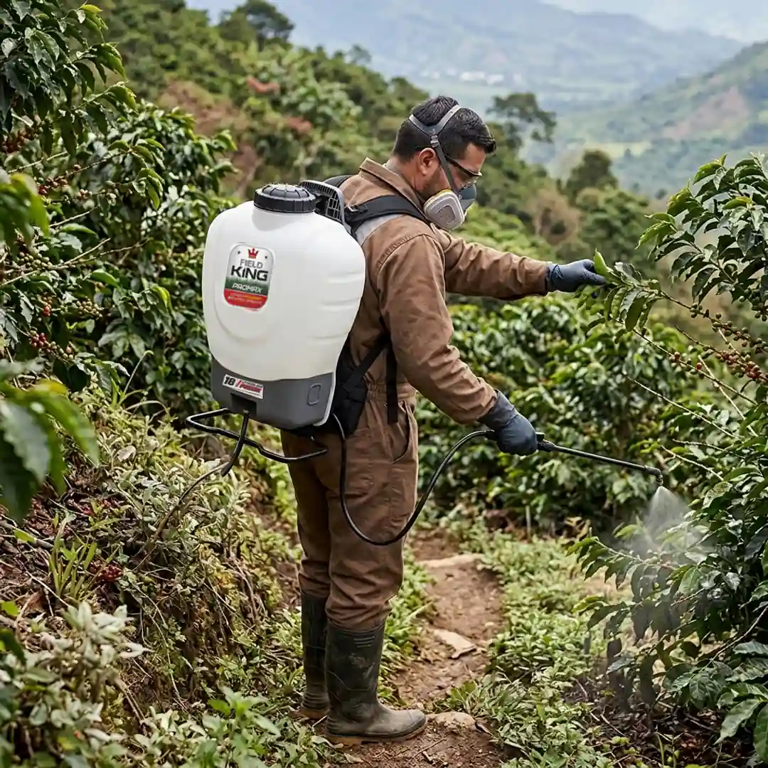 bomba fumigadora Field King en uso en un cultivo de café