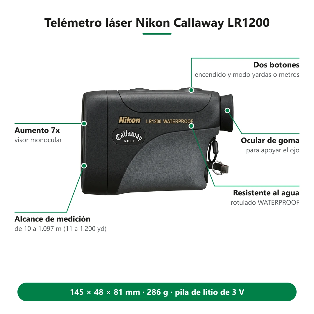 Telémetro láser Nikon Callaway LR1200 de largo alcance: aumento 7x, alcance hasta 1.097 m y medidas