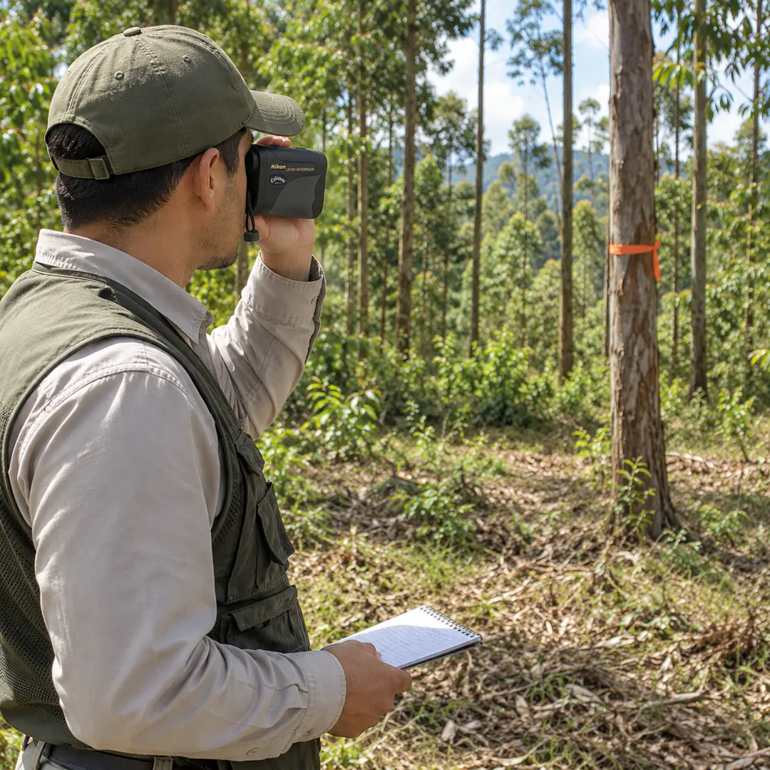 Telémetro láser Nikon Callaway LR1200 de largo alcance: técnico forestal midiendo la distancia a un árbol